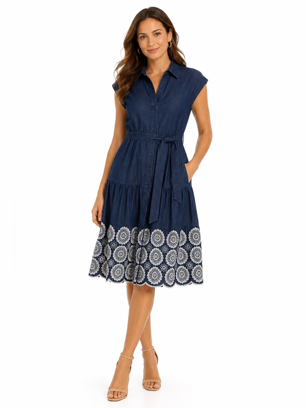 Denim Midi Shirt Dress Embroidered Hem Belted Sleeveless Cottagecore L NWOT